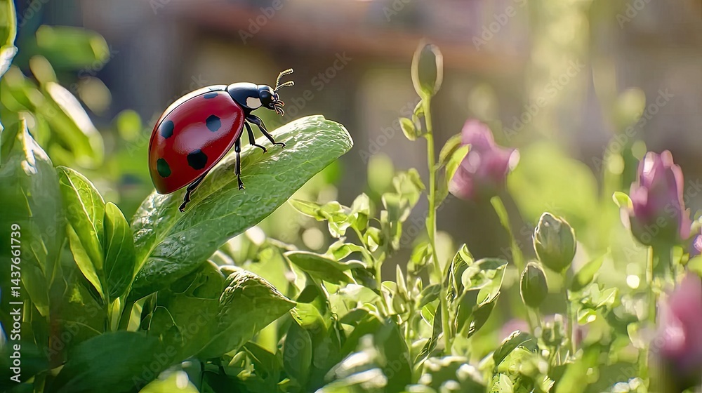 Obraz premium Vibrant Ladybug Resting on Green Leaf Among Blooming Flowers