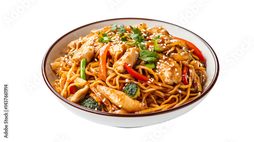 A bowl of noodles with chicken and vegetables photo
