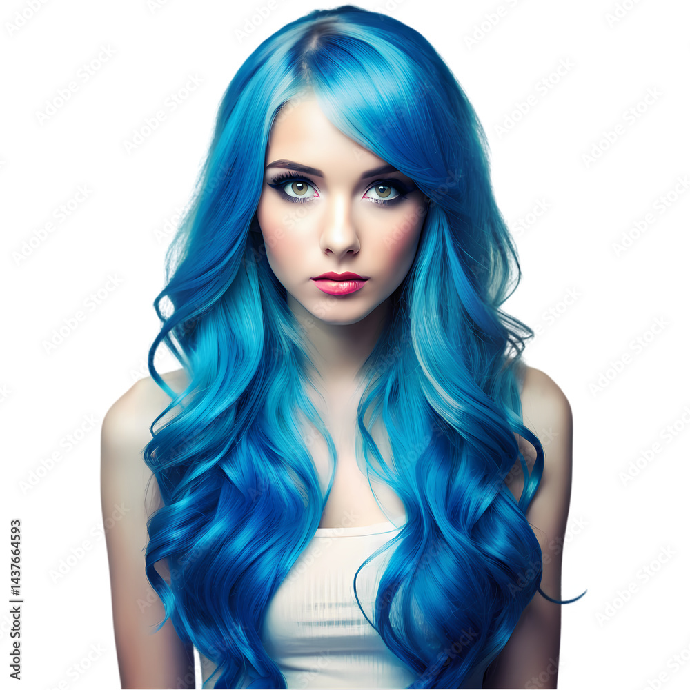 Fototapeta premium Stunning Blue Hair Model Long Wavy Hairstyle isolated on transparent background