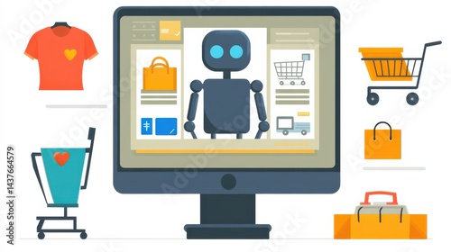 Shopping Experience with Robot Assistant and Colorful Icons for Online Retail