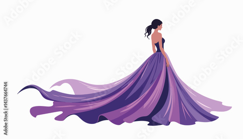Elegant woman in swirling gown with royal purple fabric, fashion design