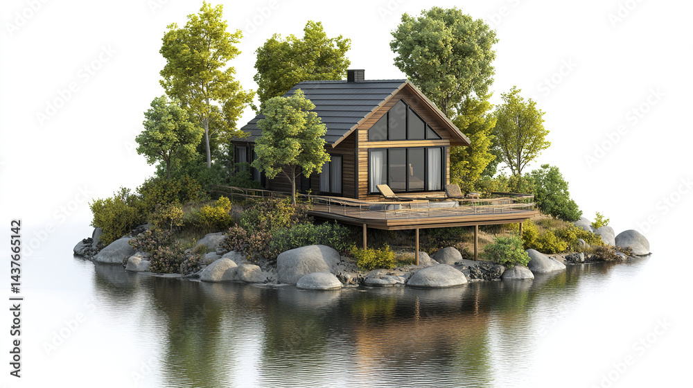 Obraz premium serene vacation home surrounded by lush greenery and water, perfect for relaxation