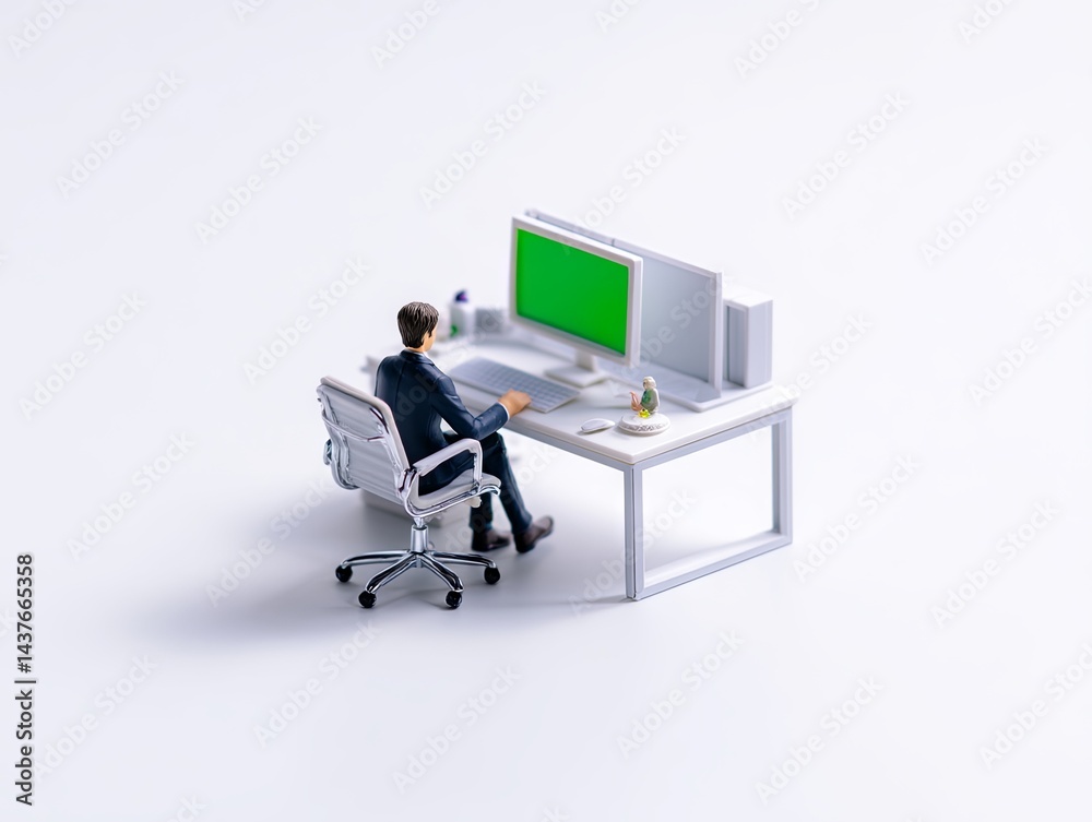 Miniature Office Worker at White Desk with Green Partition Miniature Office Worker at White Desk with Green Partition