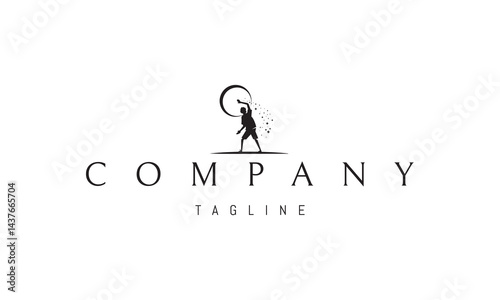 Vector logo with an abstract image of a child against the background of the moon, from whose hand stars are pouring.