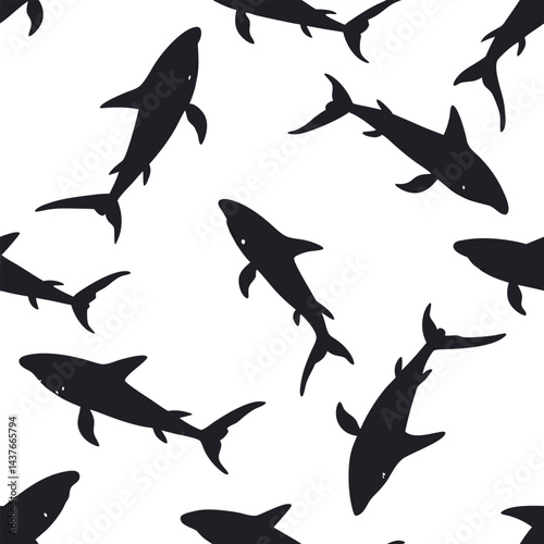 "Dynamic Shark Silhouette Collection Featuring Great White, Hammerhead, and Ocean Wildlife Scenes Vector Illustration"
