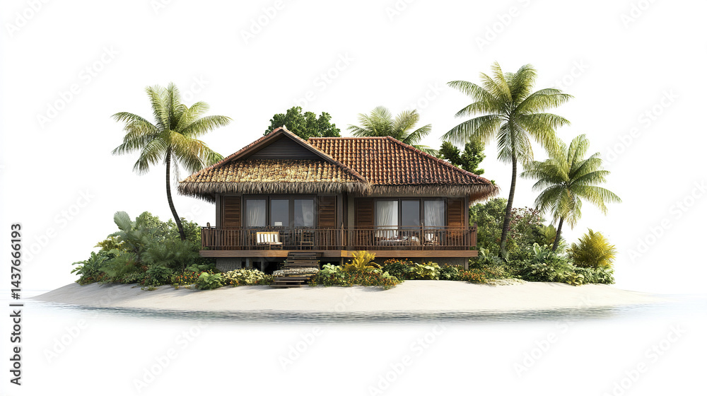 Fototapeta premium beautiful vacation home surrounded by lush greenery and palm trees, perfect for relaxation