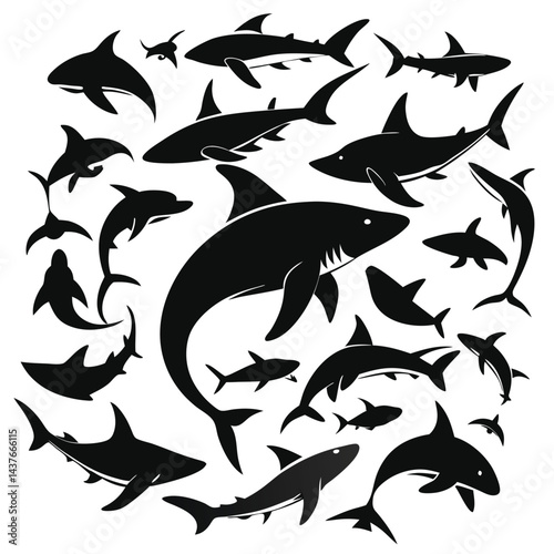 "Dynamic Shark Silhouette Collection Featuring Great White, Hammerhead, and Ocean Wildlife Scenes Vector Illustration"