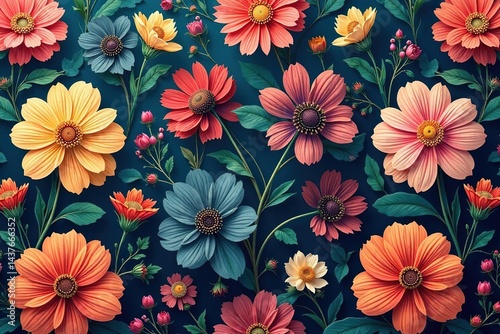 Intricate floral wallpaper with repeating motif, decor, vintage