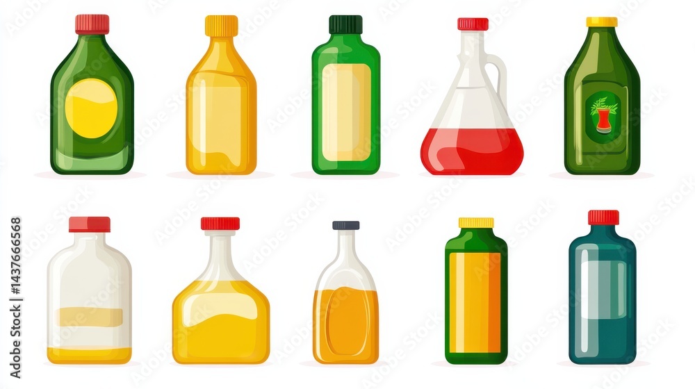 Assorted Bottles of Cooking Oils and Sauces in Various Shapes and Colors on a White Background Assorted Bottles of Cooking Oils and Sauces in Various Shapes and Colors on a White Background