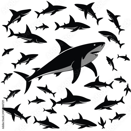 "Dynamic Shark Silhouette Collection Featuring Great White, Hammerhead, and Ocean Wildlife Scenes Vector Illustration"
