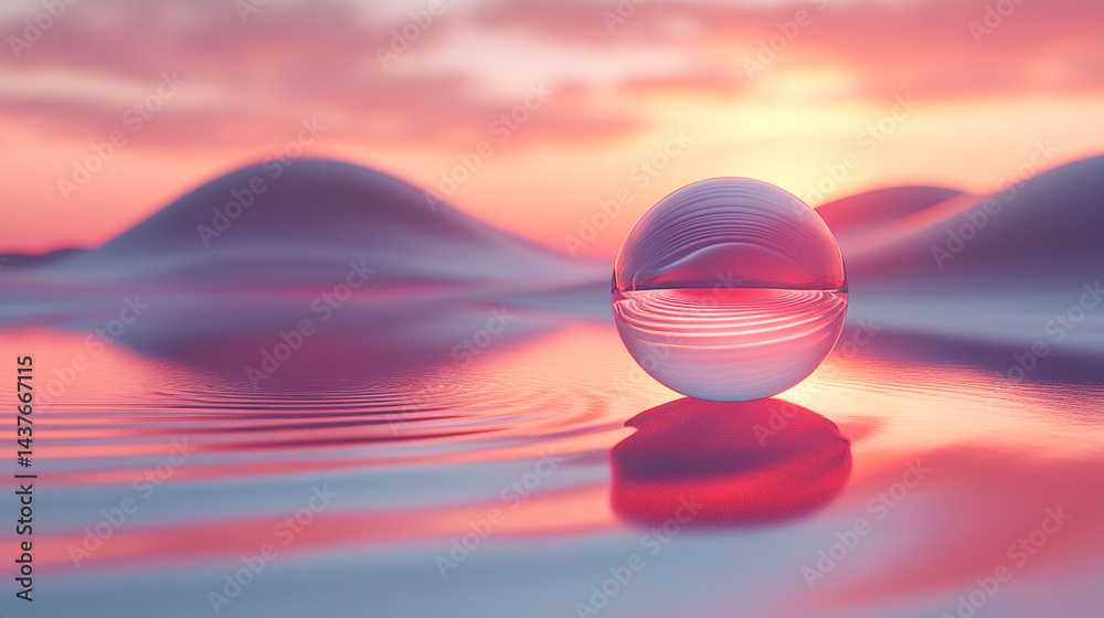 Glass sphere resting on tranquil water surface at sunset. Glass sphere resting on tranquil water surface at sunset.