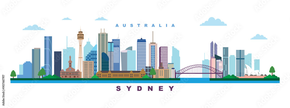 Fototapeta premium Sydney city landmarks illustration background Australia skyline landscape travel