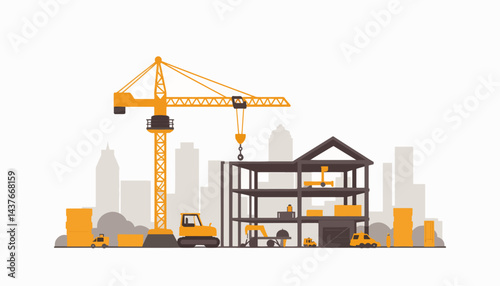 Construction site illustration featuring a crane and building framework, industry vision