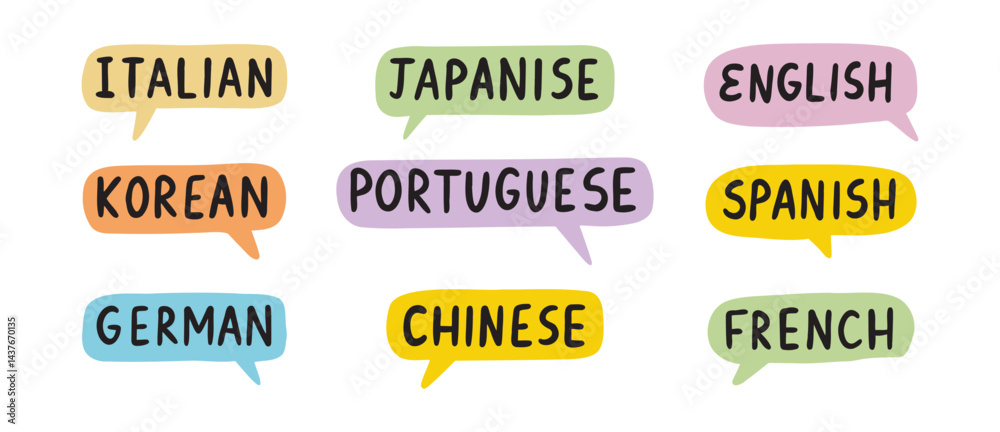 Obraz premium English, Chinese, German Learn new language. French, Italian, Spanish lettering doodle hand drawn text. Japanese, Portuguese, Korean speech bubble set.