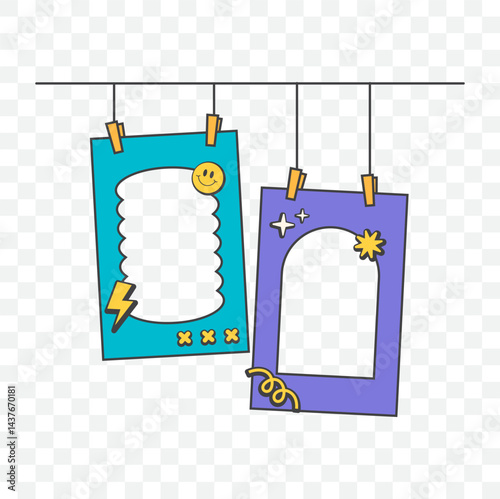 Pop retro cute groovy polaroid photo frames background. Doodle frame polaroid border element vector illustration