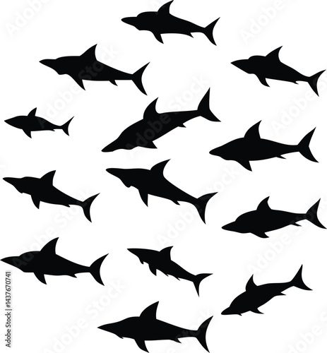 "Dynamic Shark Silhouette Collection Featuring Great White, Hammerhead, and Ocean Wildlife Scenes Vector Illustration"