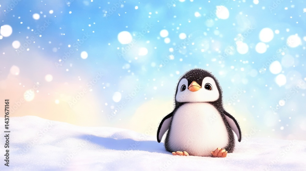 Cute penguin standing in snow with soft pastel background Cute penguin standing in snow with soft pastel background