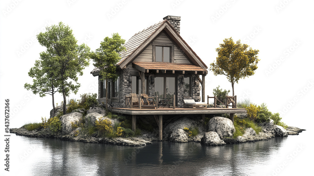 Obraz premium cozy vacation home surrounded by nature, featuring wooden structure and serene lake view