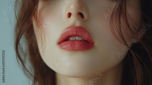 Close-up of a woman's delicate lips and nose with soft makeup and flowing hair.