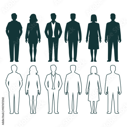 Vector silhouettes of men and a women, a group of standing business people, black color isolated on white background
