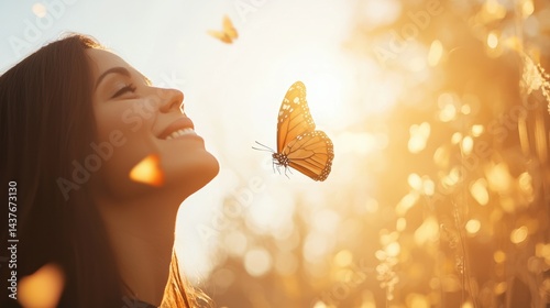 Woman enjoying butterfly flight in golden hour nature photography outdoor serenity emotional connection