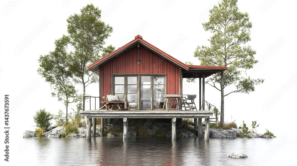 Obraz premium charming vacation home on stilts surrounded by water and trees, perfect for relaxation