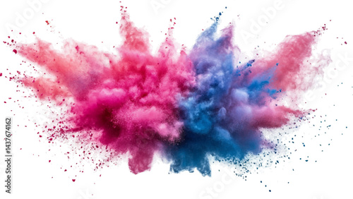 Colorful rainbow powder explosion on a transparent background. A burst of colorful powder creates a beautiful, vivid display against a bright white background, abstract watercolor background
