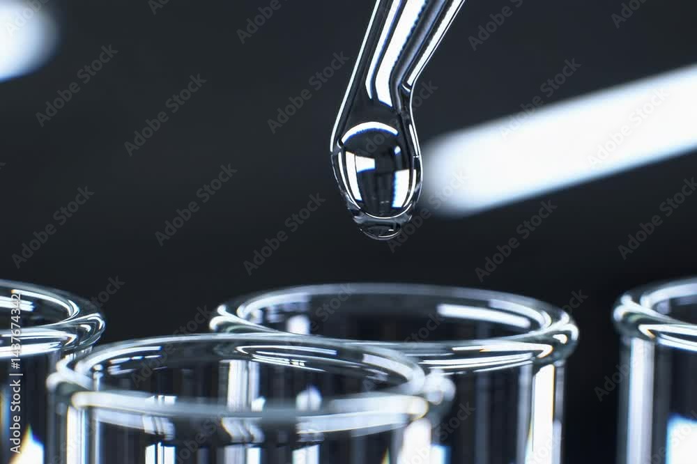 A pipette containing liquid is used to drop water into test tubes, captured in close-up macro A pipette containing liquid is used to drop water into test tubes, captured in close-up macro