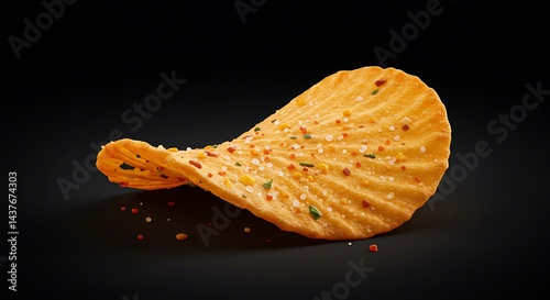 Ultra HD, hyper-realistic, 32K pixels, cinematic Ruffles All Dressed chip  with multi-flavored seasoning visible in a dark, moody setting.