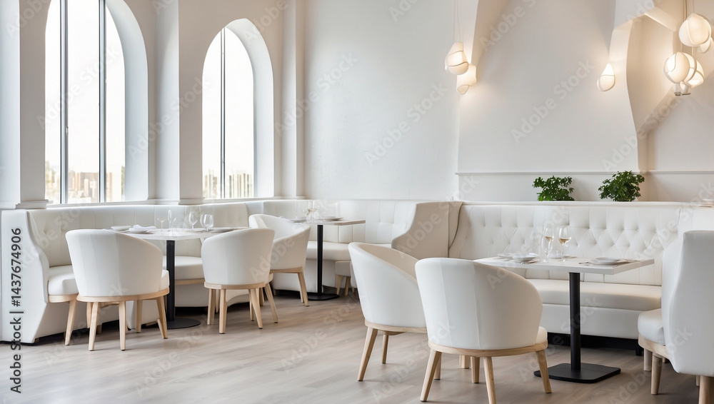 Inviting Corner of a White Restaurant with a Sofa for Comfortable Dining Inviting Corner of a White Restaurant with a Sofa for Comfortable Dining