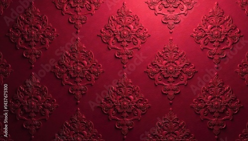 Intricate floral damask wallpaper, rich burgundy hues, texture, red