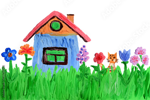 Obraz na płótnie Like kids hand painting country house, colorful flower, meadow grass plant . Acrylic, oil, gouache brush stroke impasto vector texture thick layer paint doodle artistic style. Funny summer background w salonie