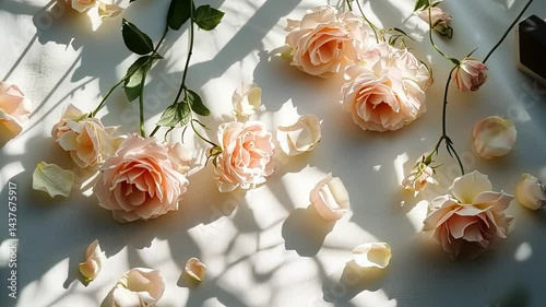 Delicate rose blooms scattered under soft sunlight, creating an enchanting play of shadows and light indoors Generative AI
