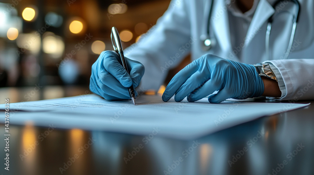 Fototapeta premium Doctor in gloves signing medical documents.