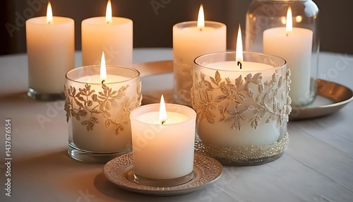 Group of lit candles of various sizes and designs on a white surface creating a warm ambiance
