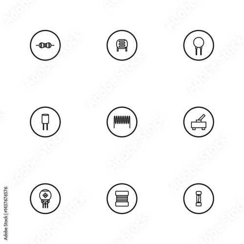 Collection of electronic passive component icons in black outline style, featuring resistors, capacitors, inductors, and connectors. Ideal for electronics manuals, circuit, and engineering diagrams.