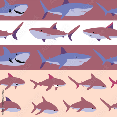 "Dynamic Shark Silhouette Collection Featuring Great White, Hammerhead, and Ocean Wildlife Scenes Vector Illustration"