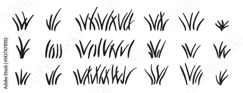Doodle bunch of grass. Hand drawn lawn bush of grass icon hand drawn set. Outline grass line drawing clipart symbol collection