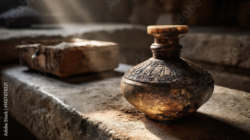 An alabaster jar of expensive perfume. Biblical depiction of the alabaster jar used by a woman to anoint Jesus Christ in Bethany