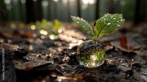 Nature's embrace captured in close-up - fresh foliage enfolding glowing planetary sphere, ethereal light refracting through water droplets against dreamy woodland background photo
