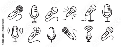 microphone icon doodle hand drawn set. Outline drawing microphone line clipart symbol collection