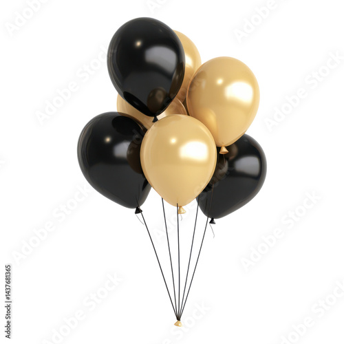 Shiny black and gold balloons clustered together with matching strings.