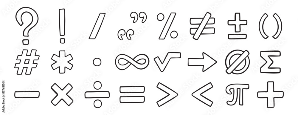 Naklejka premium math symbols doodle hand drawn icon set. Outline drawing line clipart symbol collection