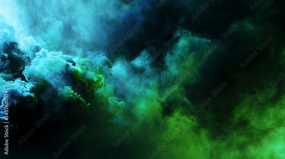 Dark green background with swirling smoke, creating an eerie and mysterious atmosphere. The misty clouds add depth to the scene Dark green background with swirling smoke, creating an eerie and mysterious atmosphere. The misty clouds add depth to the scene