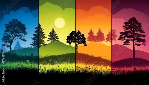 Colorful landscape showcasing seasonal changes across hills, trees, and skies