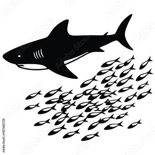 "Dynamic Shark Silhouette Collection Featuring Great White, Hammerhead, and Ocean Wildlife Scenes Vector Illustration"