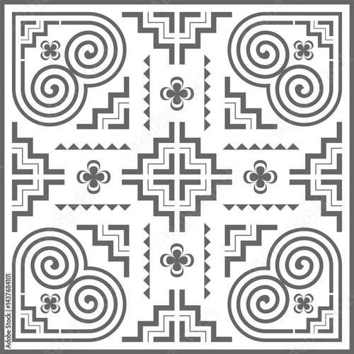 Hmong ethnic pattern mixed with floral pattern, designed in black tone.