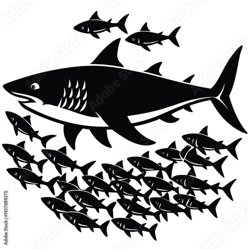 "Dynamic Shark Silhouette Collection Featuring Great White, Hammerhead, and Ocean Wildlife Scenes Vector Illustration"