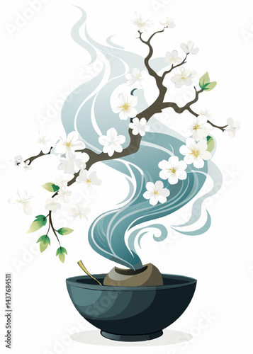 Ethereal Smoke Rising from Ceramic Bowl with White Cherry Blossoms – Zen-Inspired Still Life Photography.