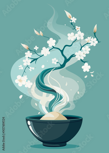 Ethereal Smoke Rising from Ceramic Bowl with White Cherry Blossoms – Zen-Inspired Still Life Photography.